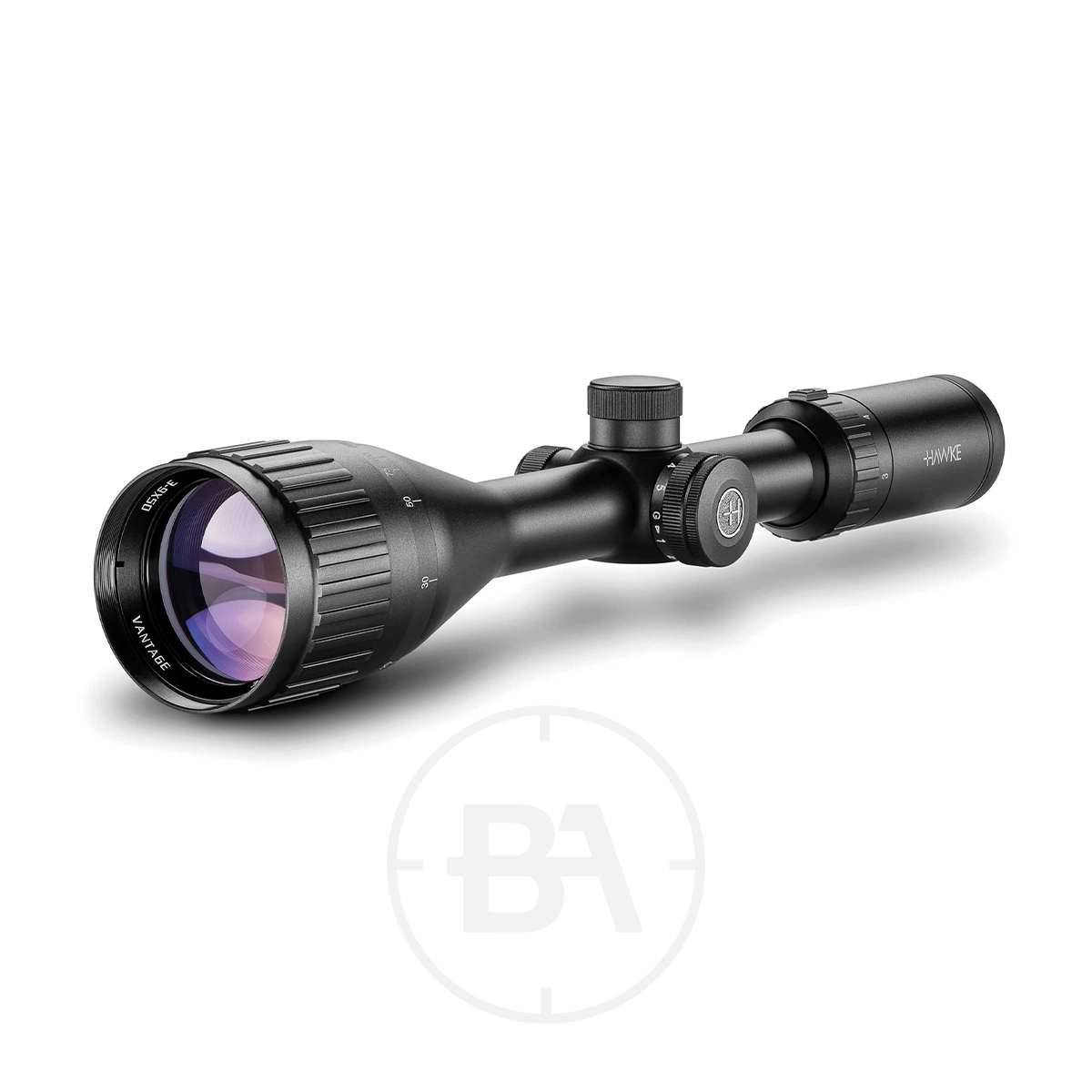 Hawke Vantage IR 3-9x50 AO Mil Dot IR SFP Rifle Scope 1 The Hawke Vantage IR 3-9x50 AO Mil Dot IR SFP Rifle Scope, in black, features adjustment knobs, a large objective lens with purple-tinted glass, and "Hawke" branding. It is shown facing left on a white background with a faint circular logo.