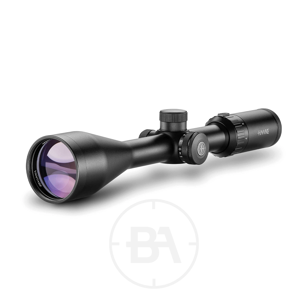 Hawke Vantage IR 4-12x50 L4A Dot SFP Rifle Scope 1 A black Hawke Vantage IR 4-12x50 L4A Dot SFP Rifle Scope with adjustment dials and a large lens, showing a slight purple reflection, is displayed on a white background. The "Hawke" brand name appears on the eyepiece.