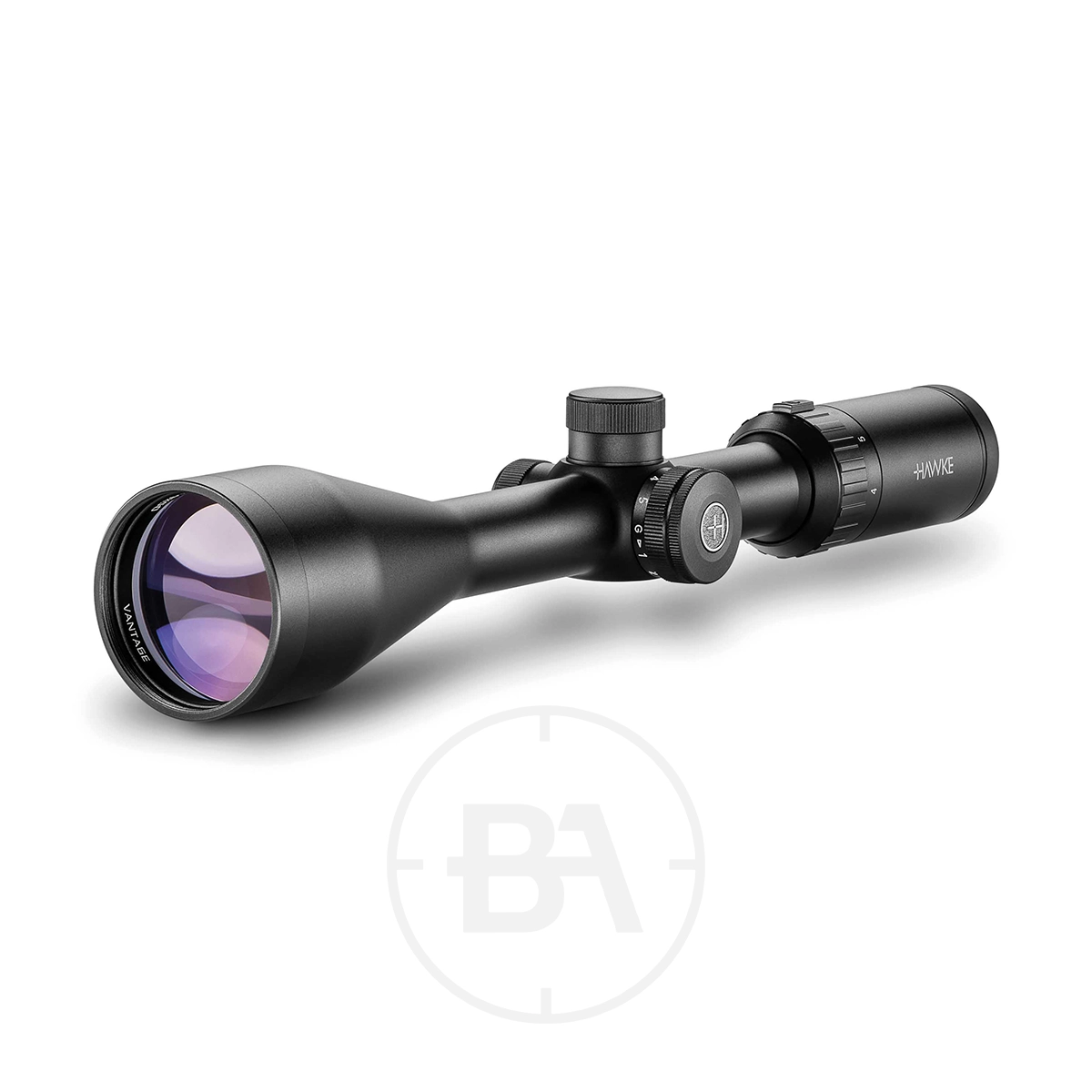 Hawke Vantage IR 4-12x50 Mil Dot IR SFP Rifle Scope 1 A Hawke Vantage IR 4-12x50 Mil Dot IR SFP Rifle Scope with adjustment knobs and a large objective lens, showing a slight purple glass tint, is angled on a white background.