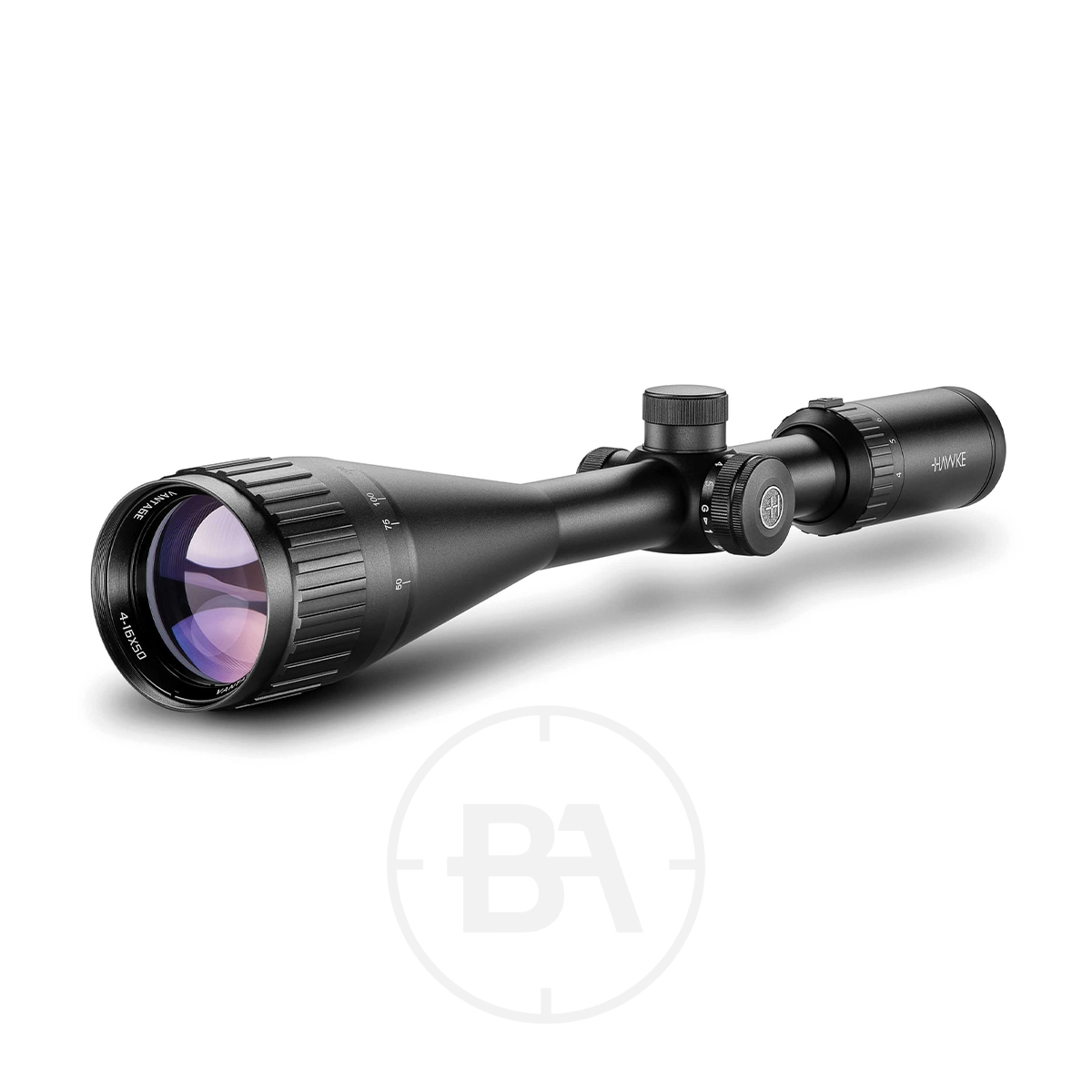 Hawke Vantage IR 4-16x50 AO Mil Dot IR SFP Rifle Scope 1 A Hawke Vantage IR 4-16x50 AO Mil Dot IR SFP Rifle Scope in black, featuring adjustment knobs and a large, purple/blue-tinted objective lens. The scope is angled to show the side and front, with a plain white background.