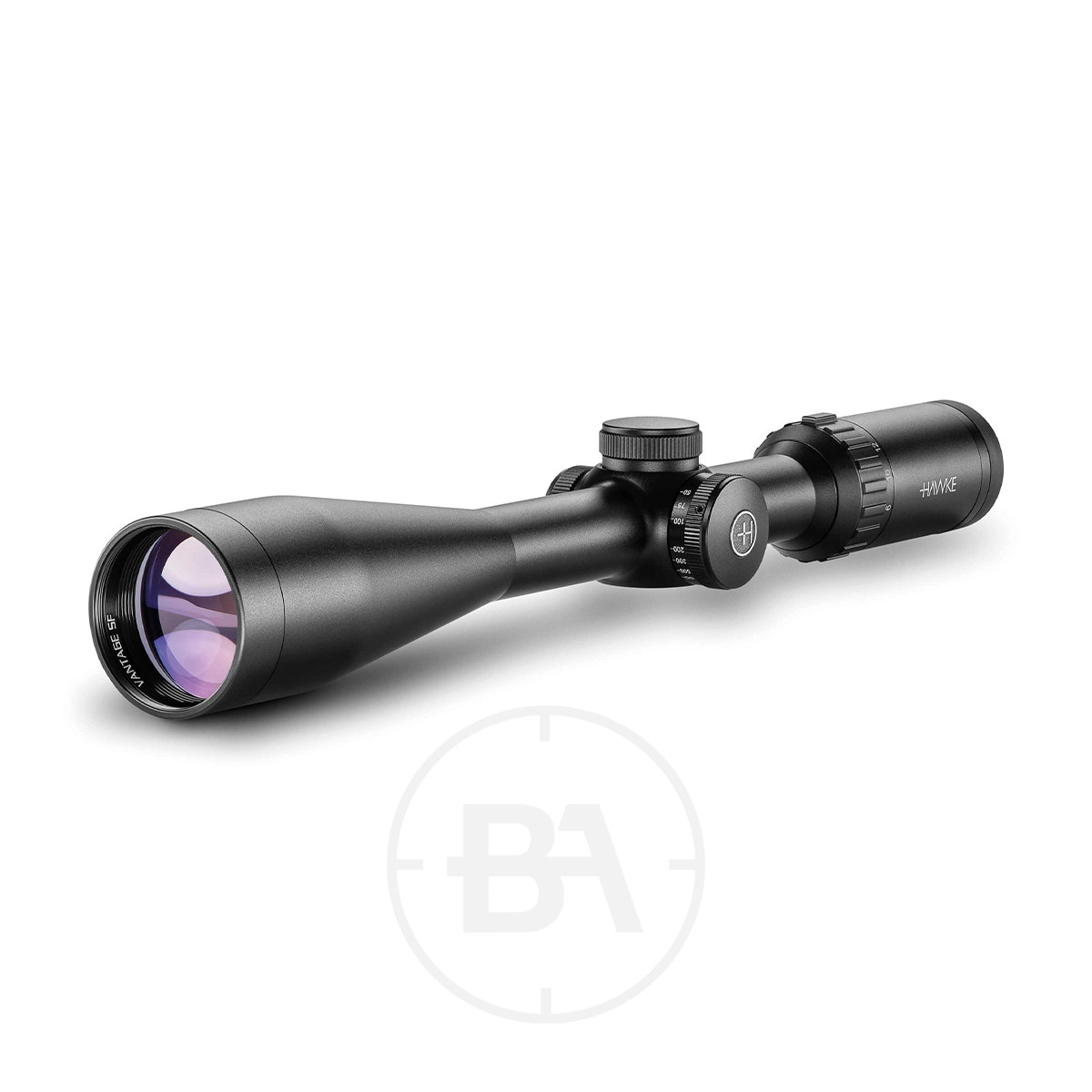 Hawke Vantage SF 6-24x44 Half Mil Dot Rifle Scope 1 A Hawke Vantage SF 6-24x44 Half Mil Dot Rifle Scope in black, with adjustment knobs and large objective lens, faces left. "Hawke" branding is on the side; a faint circular logo appears beneath the scope on a white background.