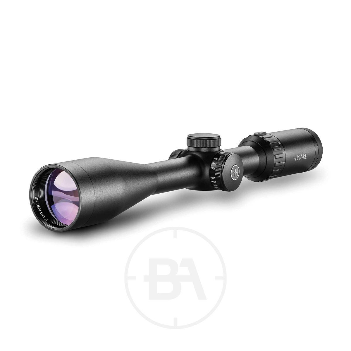 Hawke Vantage SF 4-16x44 Half Mil Dot Rifle Scope 1 The Hawke Vantage SF 4-16x44 Half Mil Dot Rifle Scope has a black matt finish, large objective lens, central adjustment dials, and a textured focus ring at the eyepiece for precise targeting.