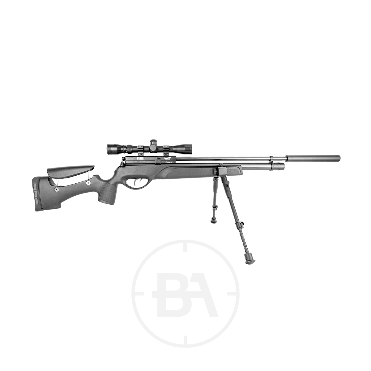 Gamo Venari PCP Air Rifle Package With Silencer, Scope & Bipod 1 The Gamo Venari PCP Air Rifle Package, featuring a silencer, scope, and bipod, is shown on a white background.