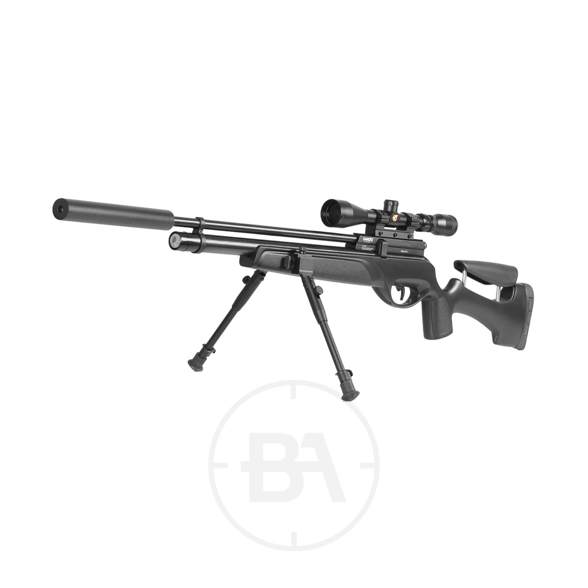 Gamo Venari PCP Air Rifle Package With Silencer, Scope & Bipod 3 Gamo Venari PCP Air Rifle Package with silencer, scope, and bipod is shown in black on a white background.
