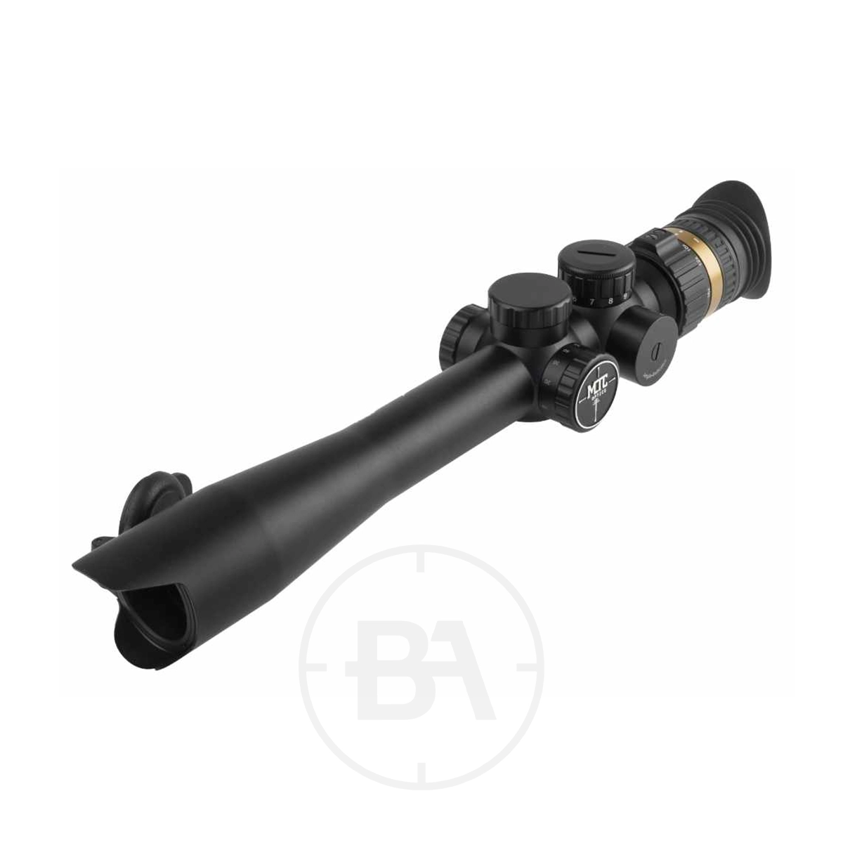 MTC Optics Viper Connect 4-16x32 1 A black MTC Optics Viper Connect 4-16x32 rifle scope with adjustment knobs and a rubber eyepiece is shown at an angle on a white background.