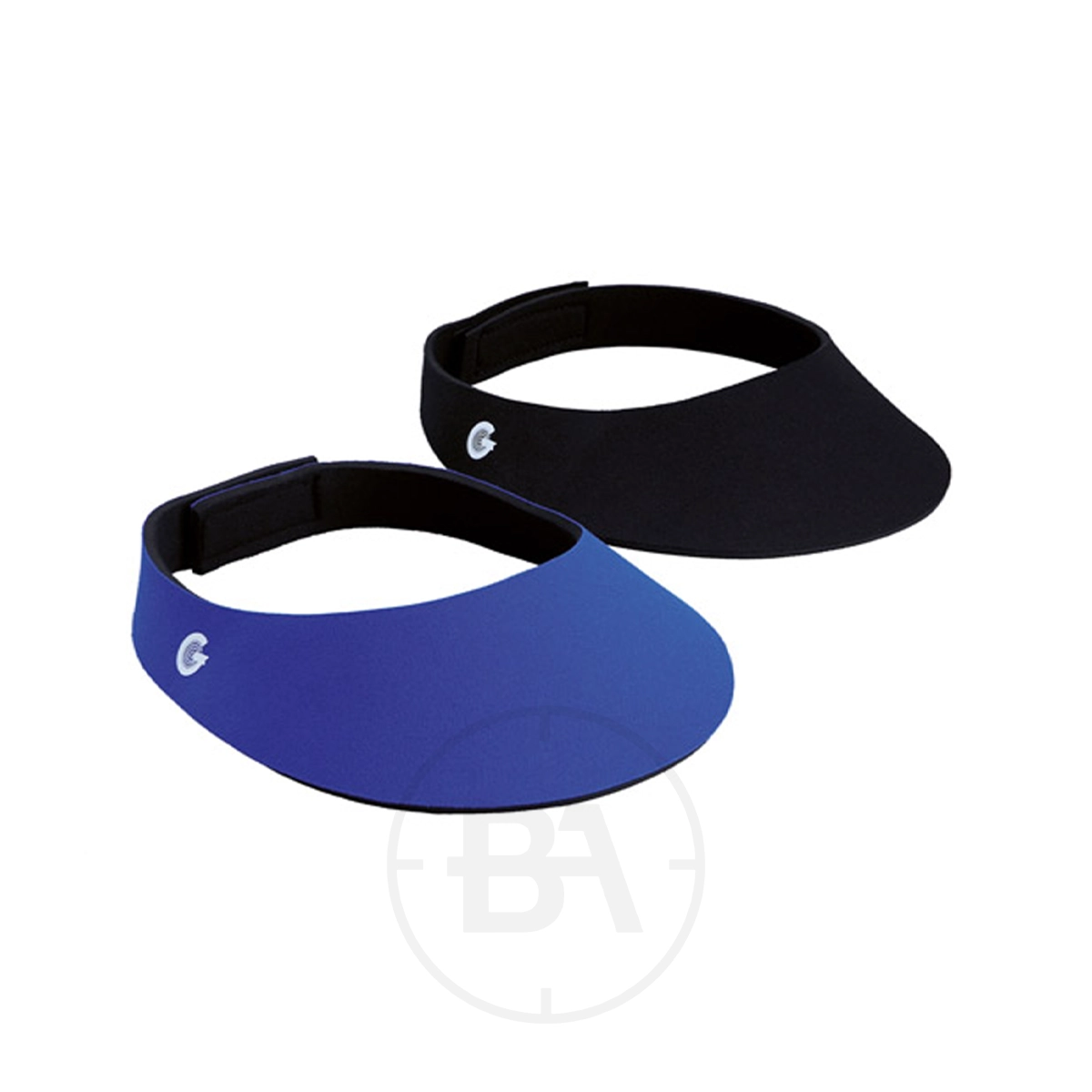 Gehmann Shooting Visor 1 Two Gehmann Shooting Visors, one blue and one black, each with adjustable straps and a small side logo, are displayed on a white background.