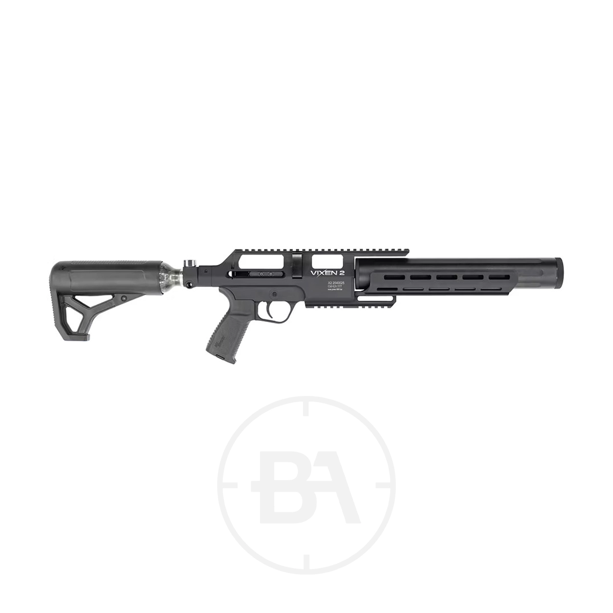 Airgun Technology (AGT) Vixen 2 PCP Air Rifle 1 A black Airgun Technology (AGT) Vixen 2 PCP Air Rifle featuring a collapsible stock, pistol grip, and long handguard, shown on a white background.