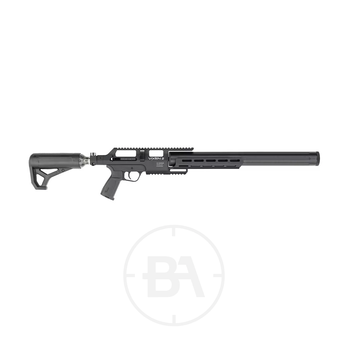 Airgun Technology (AGT) Vixen 2 PCP Air Rifle 3 The Airgun Technology (AGT) Vixen 2 PCP Air Rifle is a black, modern airgun with a long barrel, adjustable stock, and tactical design, shown on a white background.