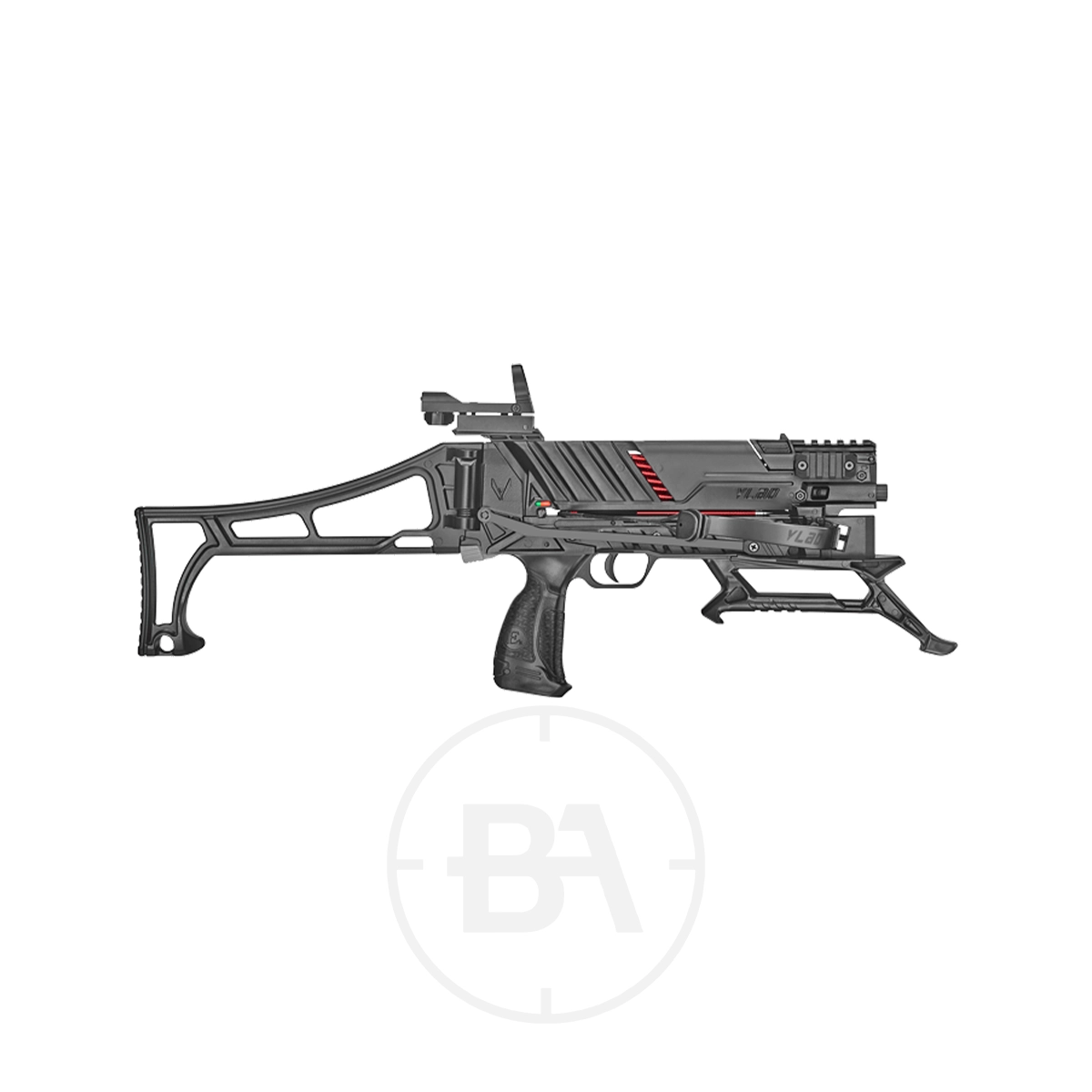 EK Archery Vlad 8 Shot Crossbow Pistol 1 The EK Archery Vlad Pistol Crossbow (60lbs/90lbs), featuring a black, modern design with a folding stock, ergonomic grip, and tactical rails, is shown against a plain white background.