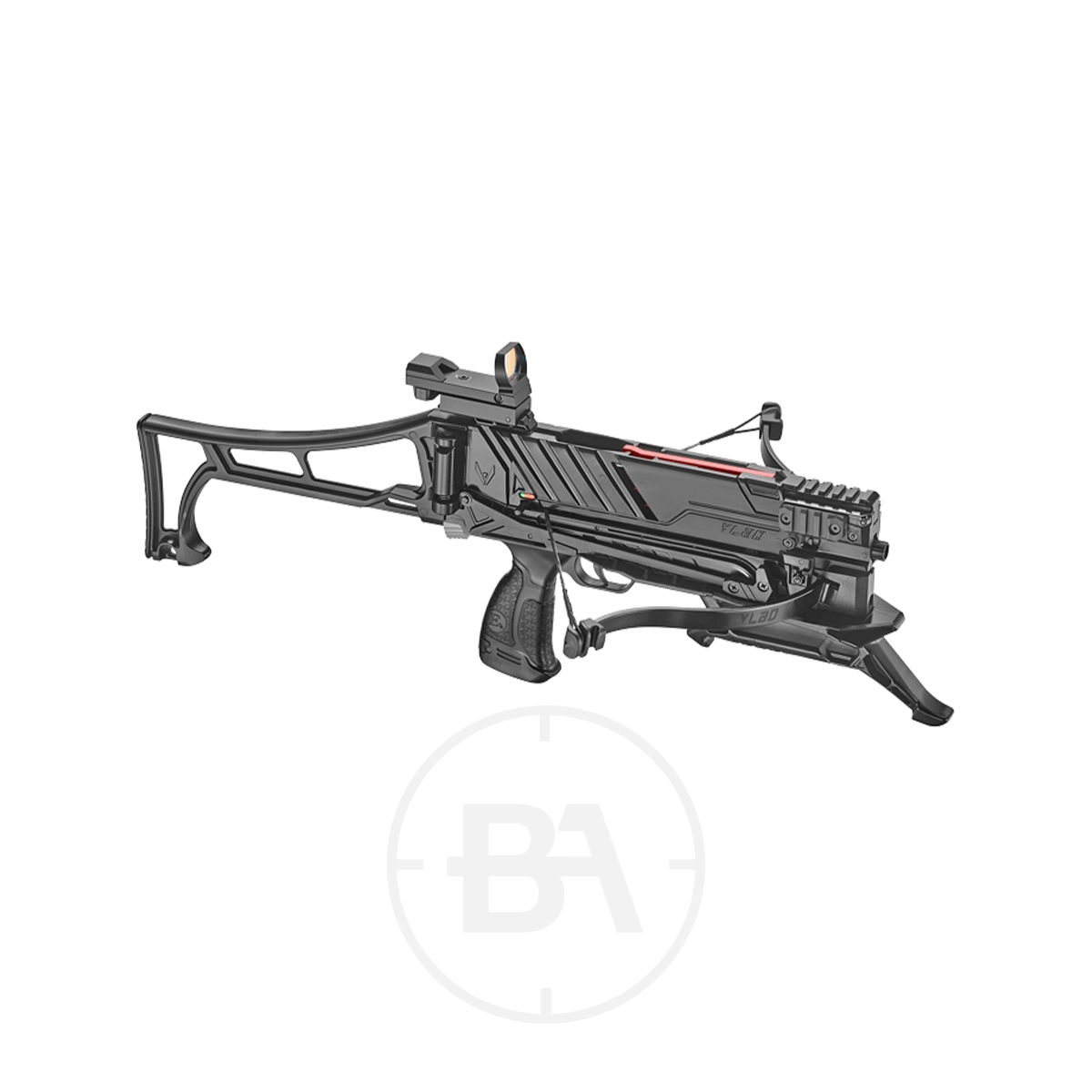 EK Archery Vlad 8 Shot Crossbow Pistol 3 The EK Archery Vlad Pistol Crossbow (60lbs/90lbs) features a tactical design with adjustable stock, pistol grip, and mounted sight. This sleek black crossbow is shown on a white background.