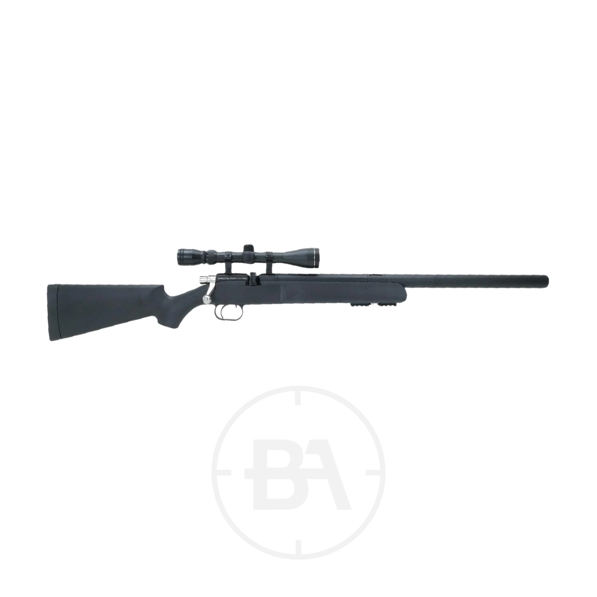 Remington Vought PCP Air Rifle With Scope 1 A black bolt-action rifle with a mounted scope, shown in profile on a white background.
