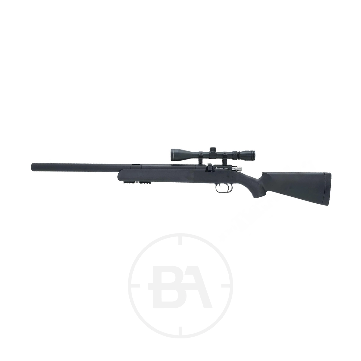 Remington Vought PCP Air Rifle With Scope 3 A black bolt-action rifle with a mounted scope, displayed on a white background.