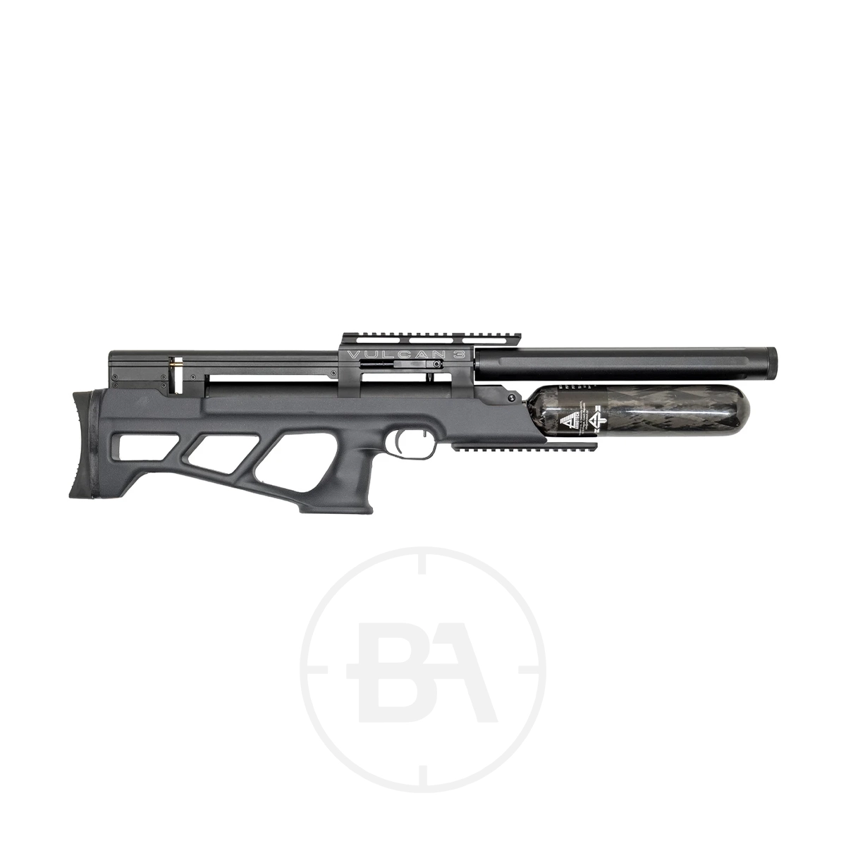 Airgun Technology (AGT) Vulcan 3 Regulated Bullpup PCP Air Rifle 1 The Airgun Technology (AGT) Vulcan 3 Regulated Bullpup PCP Air Rifle is a compact black model with a synthetic stock, visible pressure gauge, and an underside-mounted air cylinder in a regulated bullpup design.