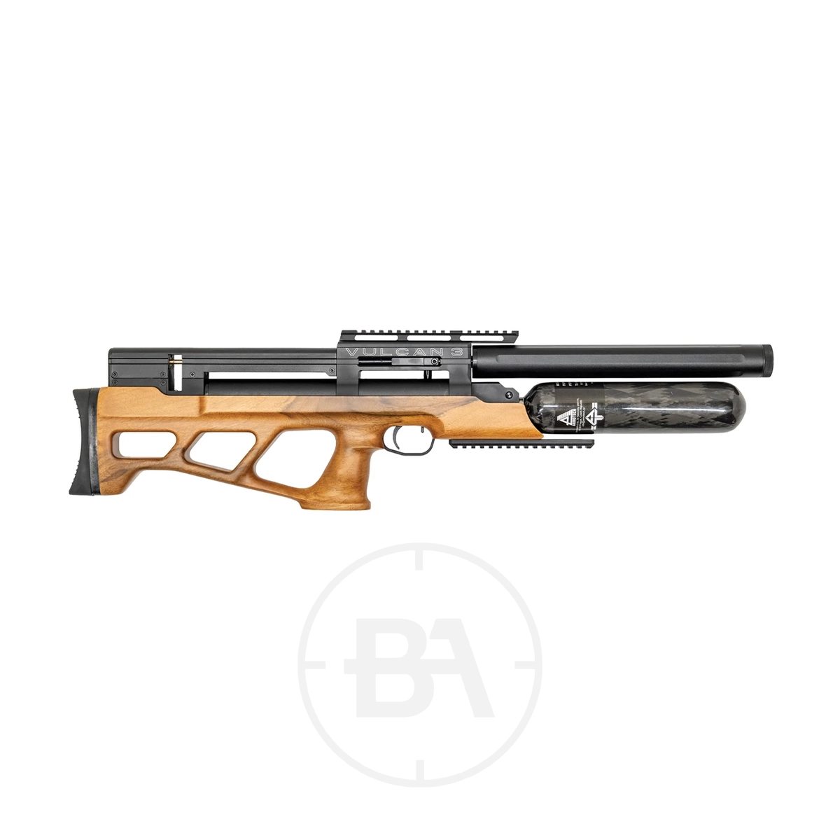 Airgun Technology (AGT) Vulcan 3 Regulated Bullpup PCP Air Rifle 3 Side view of the Airgun Technology (AGT) Vulcan 3 Regulated Bullpup PCP Air Rifle, showcasing its wooden stock, black metal barrel, and integrated air cylinder.