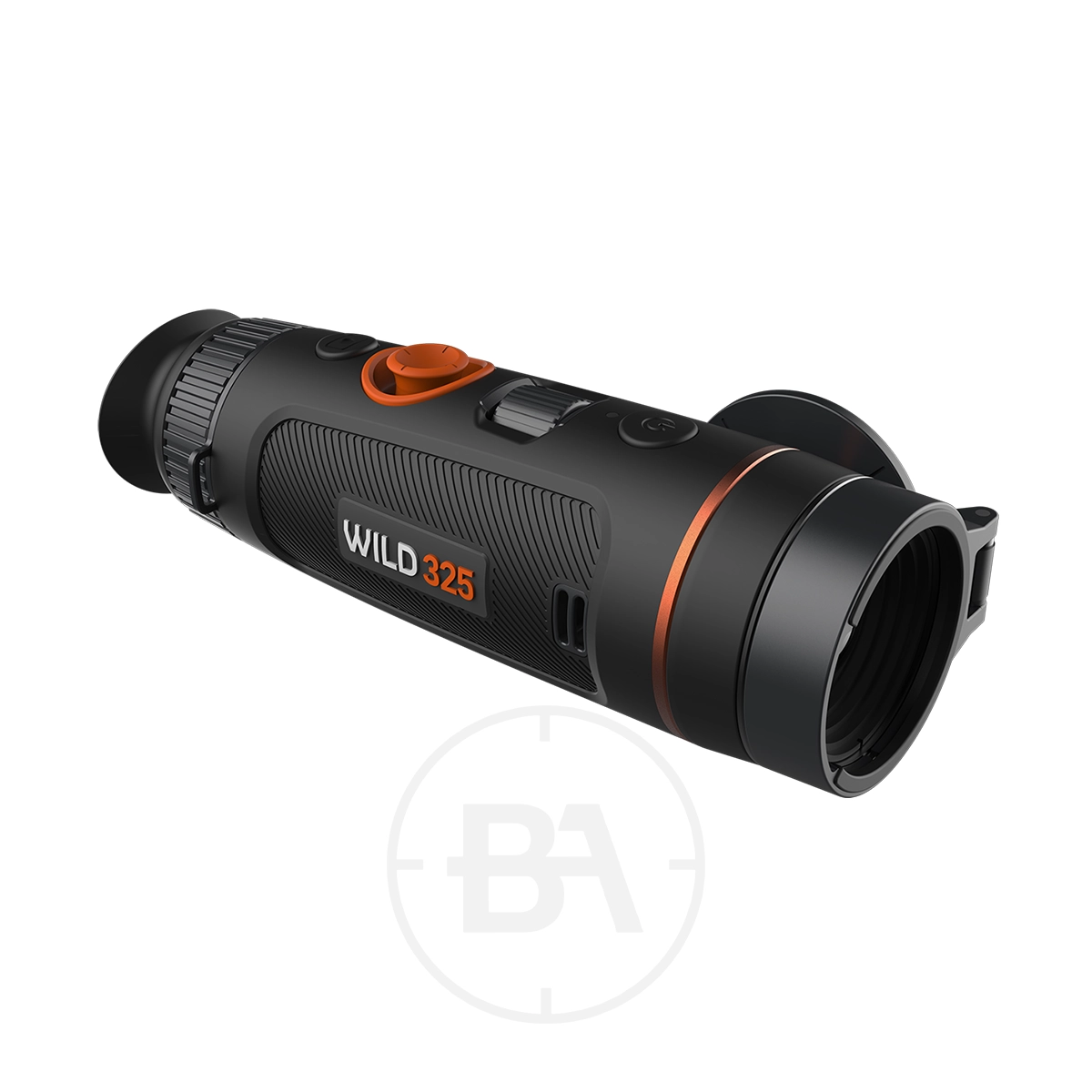 ThermTec Wild 325 Thermal lmaging Monocular 1 The ThermTec Wild 325 Thermal Imaging Monocular, shown in black and orange against a white background, features advanced technology in a compact handheld design.