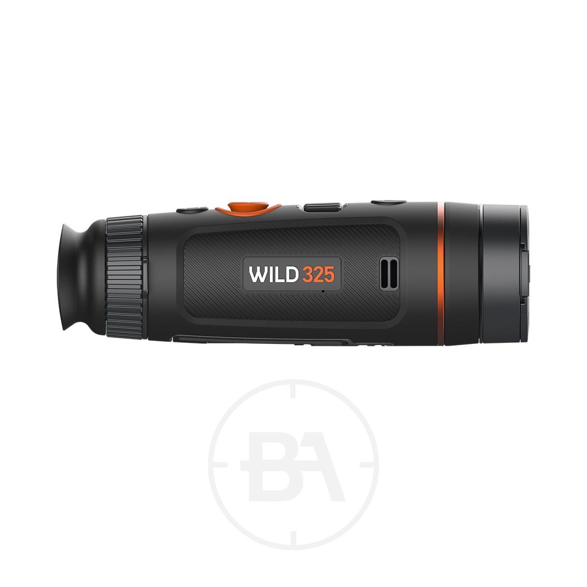 ThermTec Wild 325 Thermal lmaging Monocular 3 A side profile of the ThermTec Wild 325 Thermal Imaging Monocular is shown against a white background, featuring a black and orange design with "WILD325" labeling.