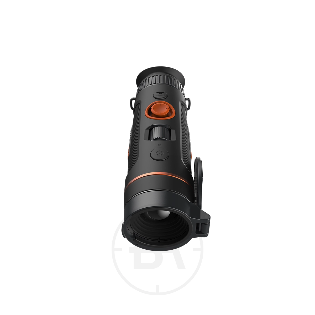 ThermTec Wild 325 Thermal lmaging Monocular 5 The ThermTec Wild 325 Thermal Imaging Monocular is shown from the front with black body, orange accents, and control buttons against a white background.