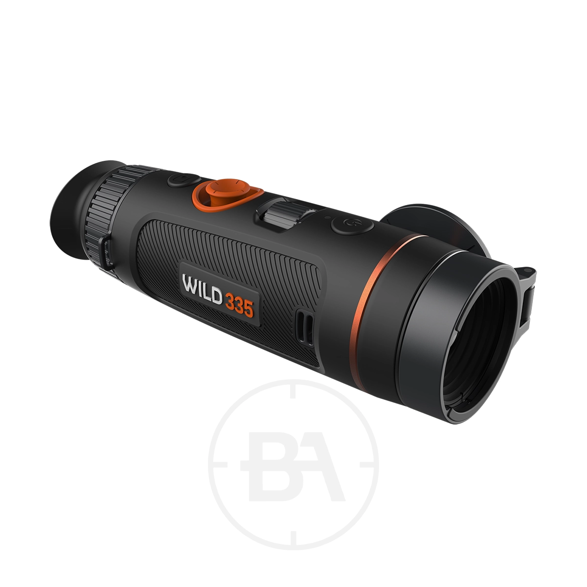 ThermTec Wild 335 Thermal lmaging Monocular 1 The ThermTec Wild 335 Thermal Imaging Monocular in black and orange is shown on a white background, labeled "WILD 335.