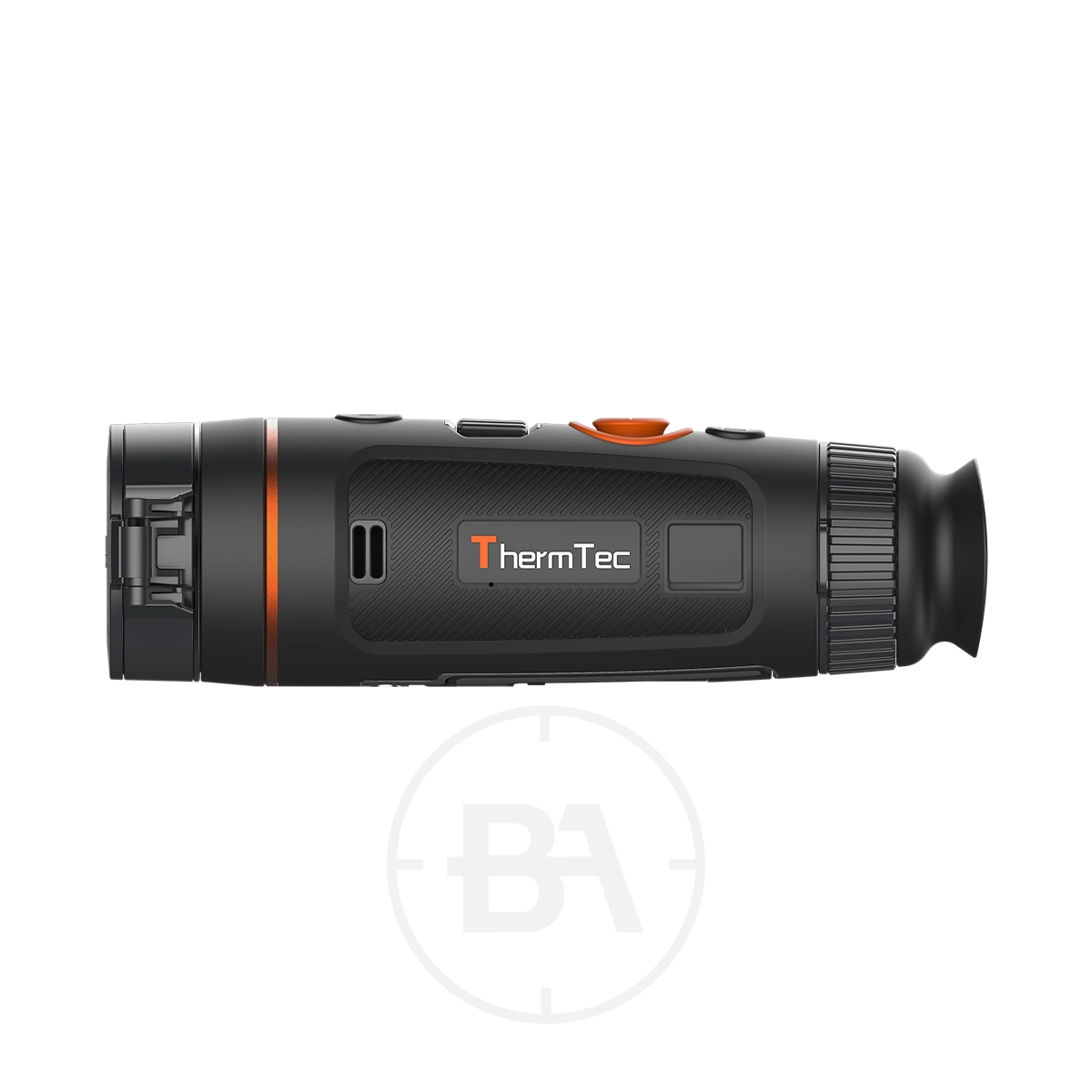 ThermTec Wild 335 Thermal lmaging Monocular 5 The ThermTec Wild 335 Thermal Imaging Monocular, featuring orange accents, side buttons, and an eyepiece, is displayed in side profile against a white background.