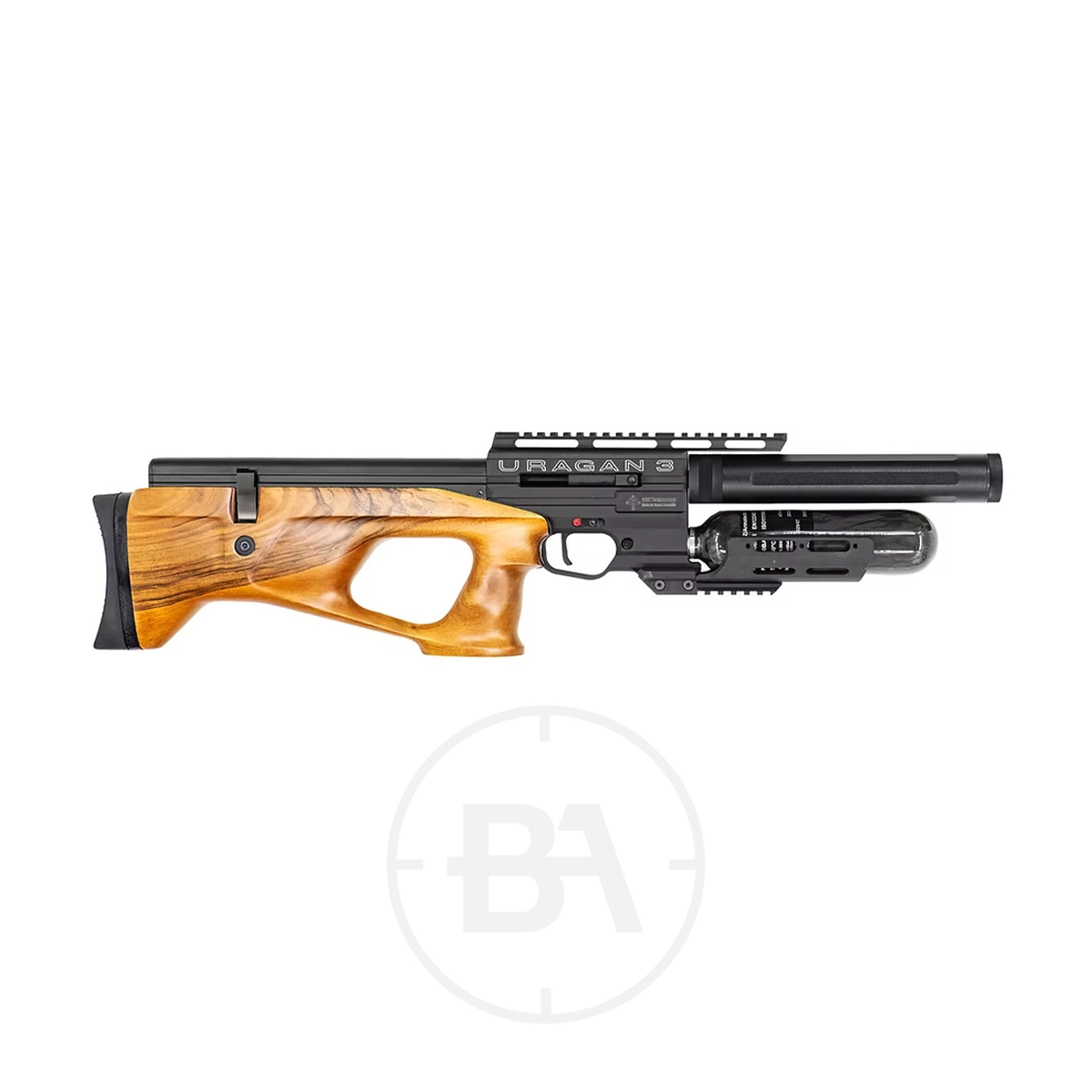 Airgun Technology (AGT) Uragan 3 Bullpup PCP Air Rifle 9 A side view of a .177 Uragan 3 Bullpup PCP Air Rifle with a wood stock and black barrel, displayed on a white background.