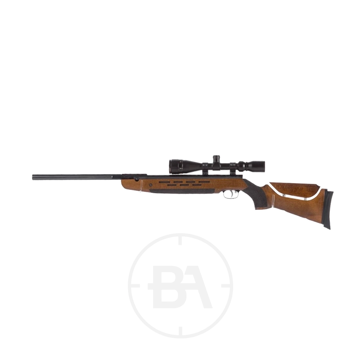 Weihrauch HW98 Spring Air Rifle 3 The Weihrauch HW98 Spring Air Rifle is displayed in side profile with a mounted scope, set against a plain white background.