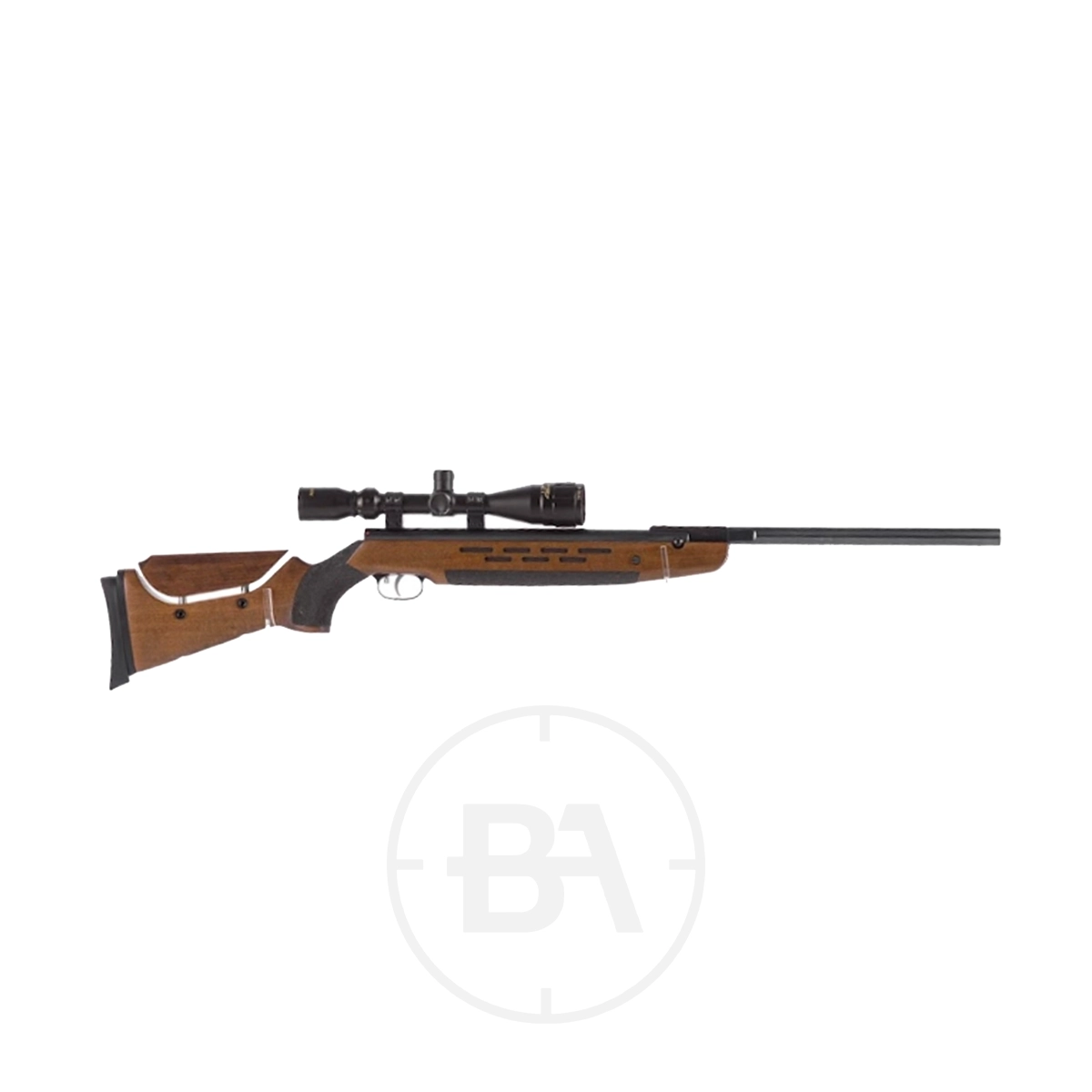 Weihrauch HW98 Spring Air Rifle 1 A side view of the Weihrauch HW98 Spring Air Rifle with a wooden stock and scope, displayed against a white background.