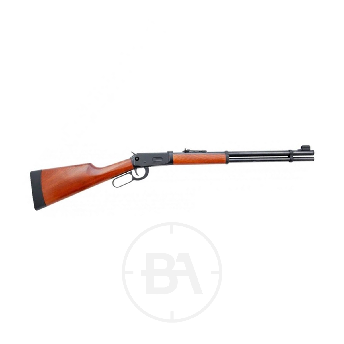 Walther Lever Action C02 Air Rifle 7 The Walther Lever Action CO2 Air Rifle features a wooden stock and forearm with a black metal barrel and receiver, showcased on a white background.