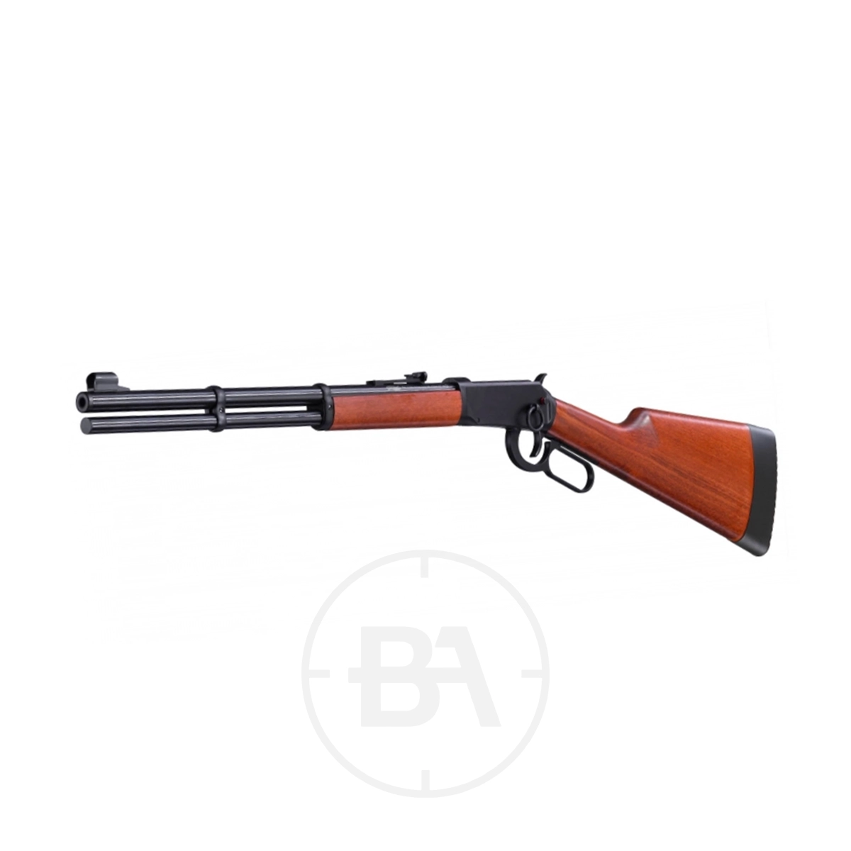 Walther Lever Action C02 Air Rifle 11 The Walther Lever Action CO2 Air Rifle has a wooden stock and forearm, black barrel, and metal parts, shown against a white background.