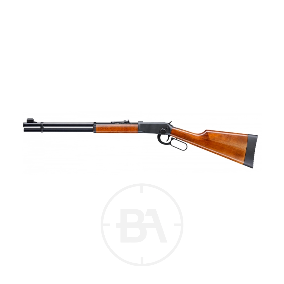 Walther Lever Action C02 Air Rifle 9 The Walther Lever Action CO2 Air Rifle, featuring a wooden stock and black metal barrel, is shown on a white background.