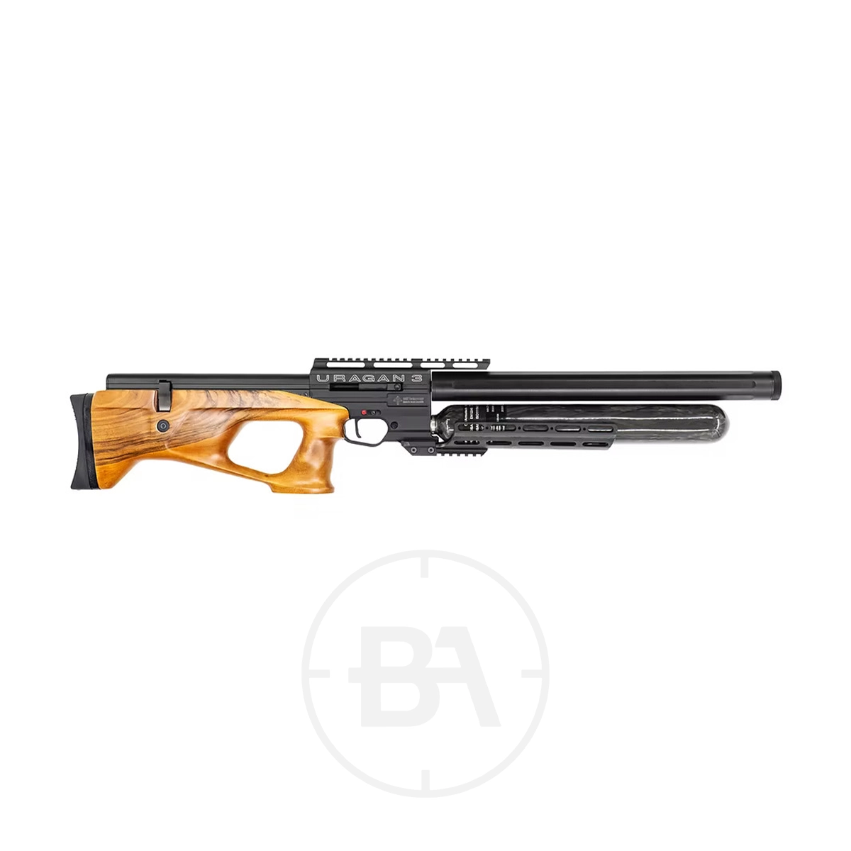 Airgun Technology (AGT) Uragan 3 Bullpup PCP Air Rifle 17 Side view of the Airgun Technology Uragan 3 Bullpup PCP Air Rifle with a wooden stock, black barrel, scope rail, and tactical features, displayed on a white background.