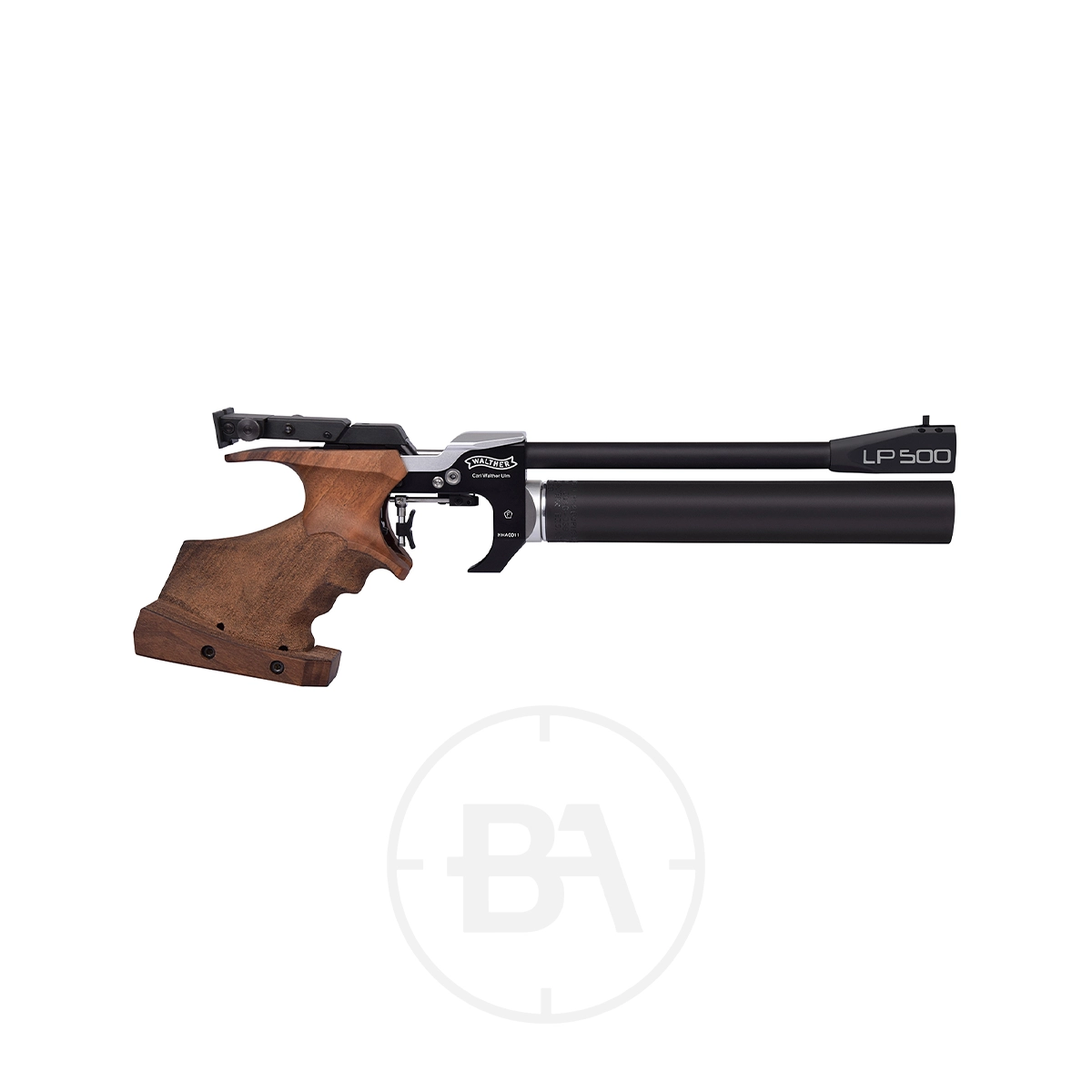Walther LP500 Walnut Match Target Pistol 3 A Walther LP500 Walnut Match Target Pistol, featuring a black and brown finish with an ergonomic walnut grip and "LP500" marked on the barrel, is shown against a white background.