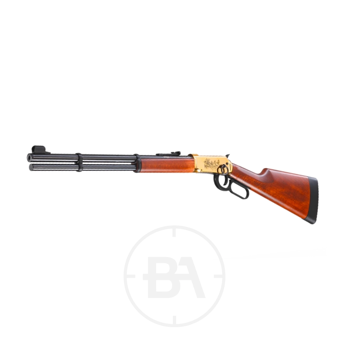 Walther Lever Action C02 Air Rifle 17 The Walther Lever Action CO2 Air Rifle features a wood stock, gold receiver, and black barrel, shown against a white background.