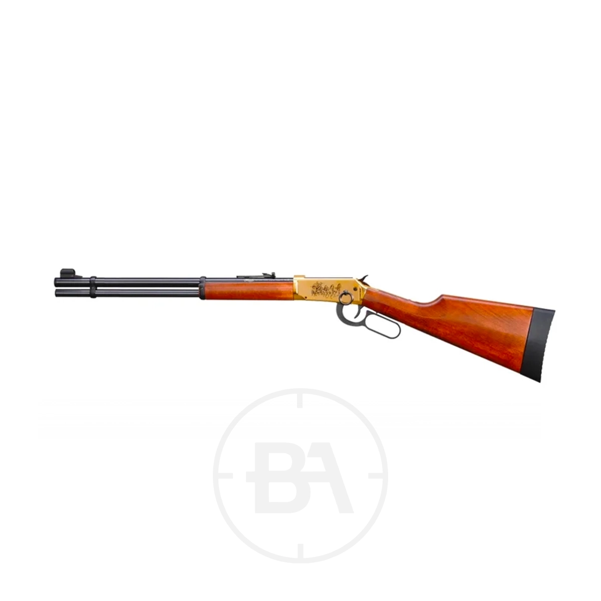 Walther Lever Action C02 Air Rifle 15 The Walther Lever Action CO2 Air Rifle features a brown wooden stock, gold receiver, and black barrel, shown against a white background.