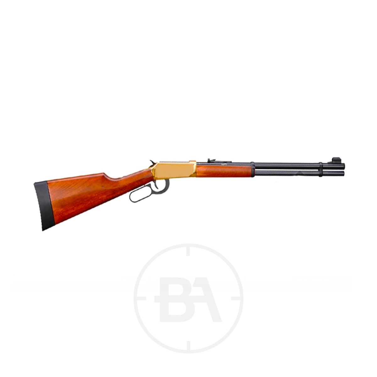 Walther Lever Action C02 Air Rifle 13 Walther Lever Action CO2 Air Rifle featuring a wooden stock, brass receiver, and blued barrel, shown on a white background.