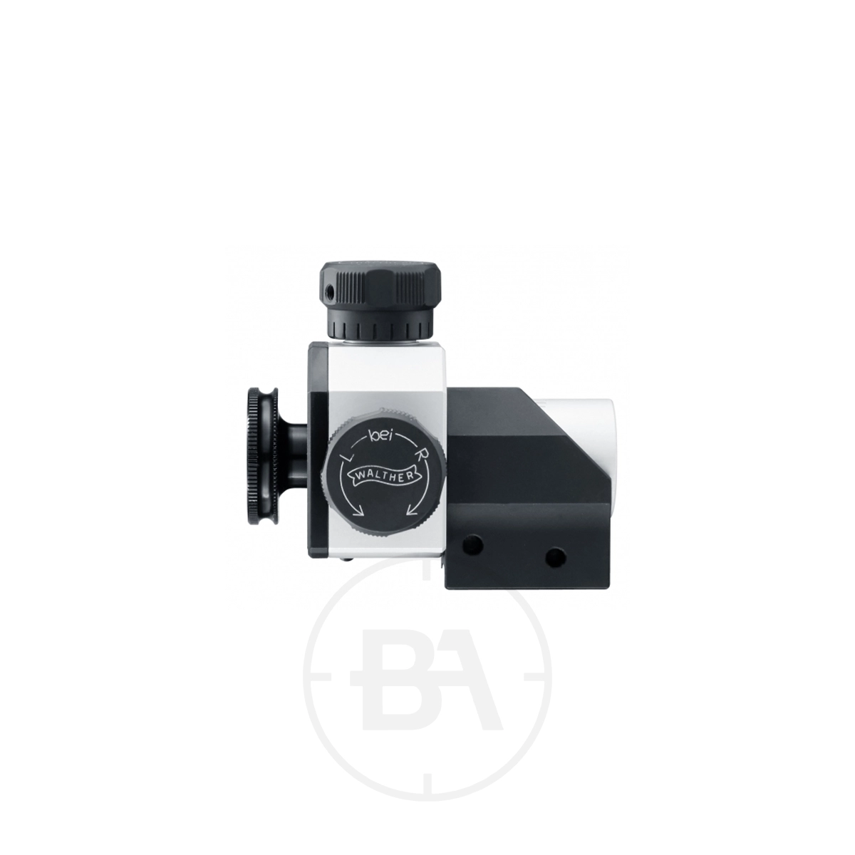 Walther Sport Rear Diopter Sight 1 Side view of the Walther Sport Rear Diopter Sight featuring adjustment knobs and a mounting base, designed for precision rifles.