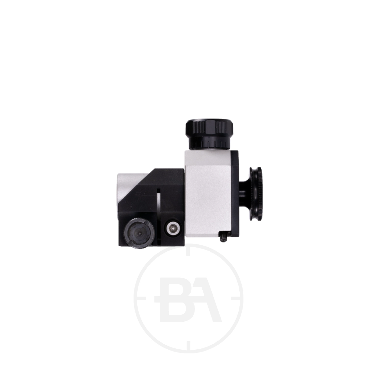 Walther Sport Rear Diopter Sight 5 Side view of the Walther Sport Rear Diopter Sight, a compact metallic sight with adjustment knobs and mounting bracket, shown on a white background. Perfect for Walther firearms needing precision optical enhancements.