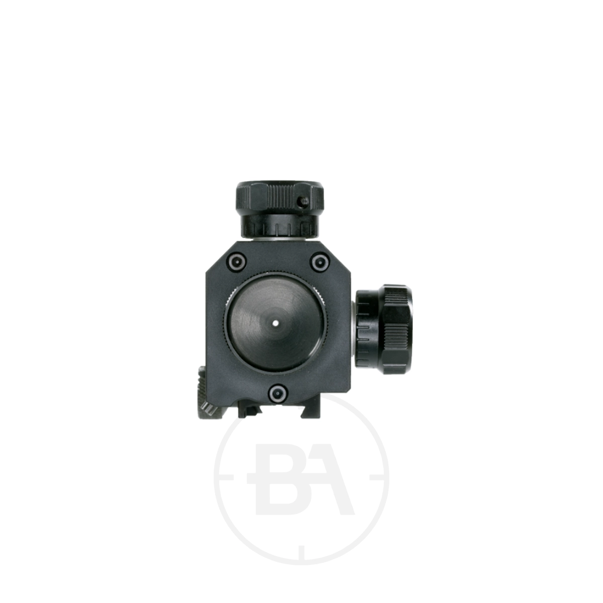 Walther Sport Rear Diopter Sight 7 Matte black Walther Sport Rear Diopter Sight, viewed from the side, with adjustment knobs and mounting hardware on a plain white background.