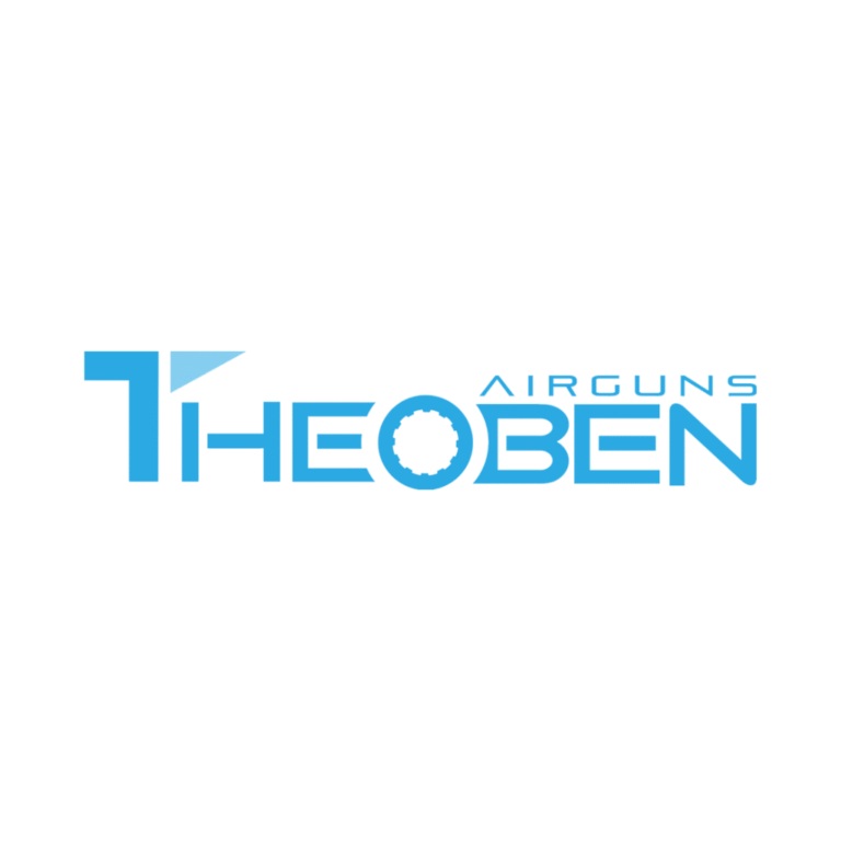 Logo for Theoben Airguns with blue text; the “O” in “THEOBEN” is stylized as a gear and the “T” is designed with an angular shape.
