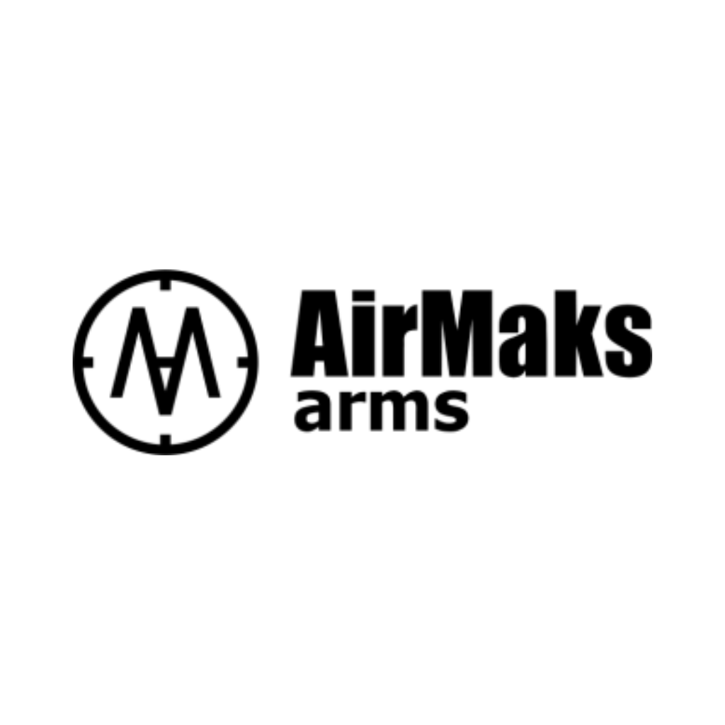 Black and white AirMaks Arms logo with stylized "AM" inside a crosshair circle, next to the text "AirMaks arms" on a white background.