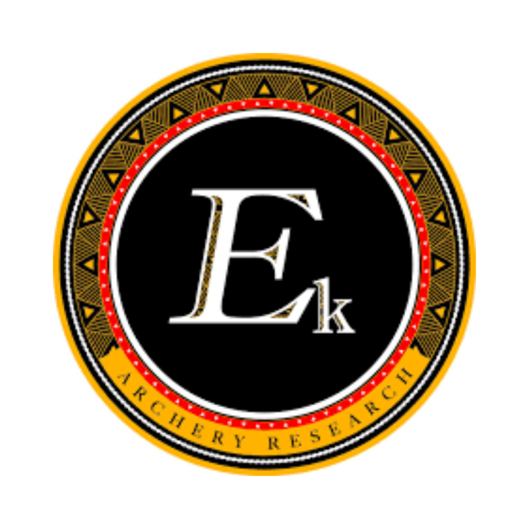 A circular logo with a black center featuring "Eₖ" in white, surrounded by geometric patterns and the words "ARCHERY RESEARCH" at the bottom.