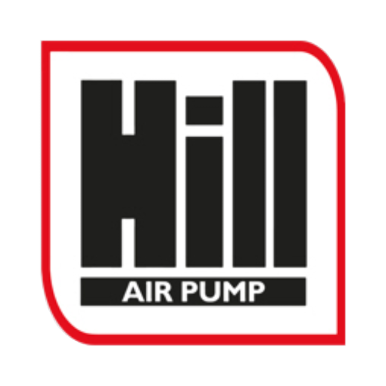 Black "HILL AIR PUMP" text logo in bold uppercase letters within a white square outlined in red, with "AIR PUMP" in a smaller font below "HILL".