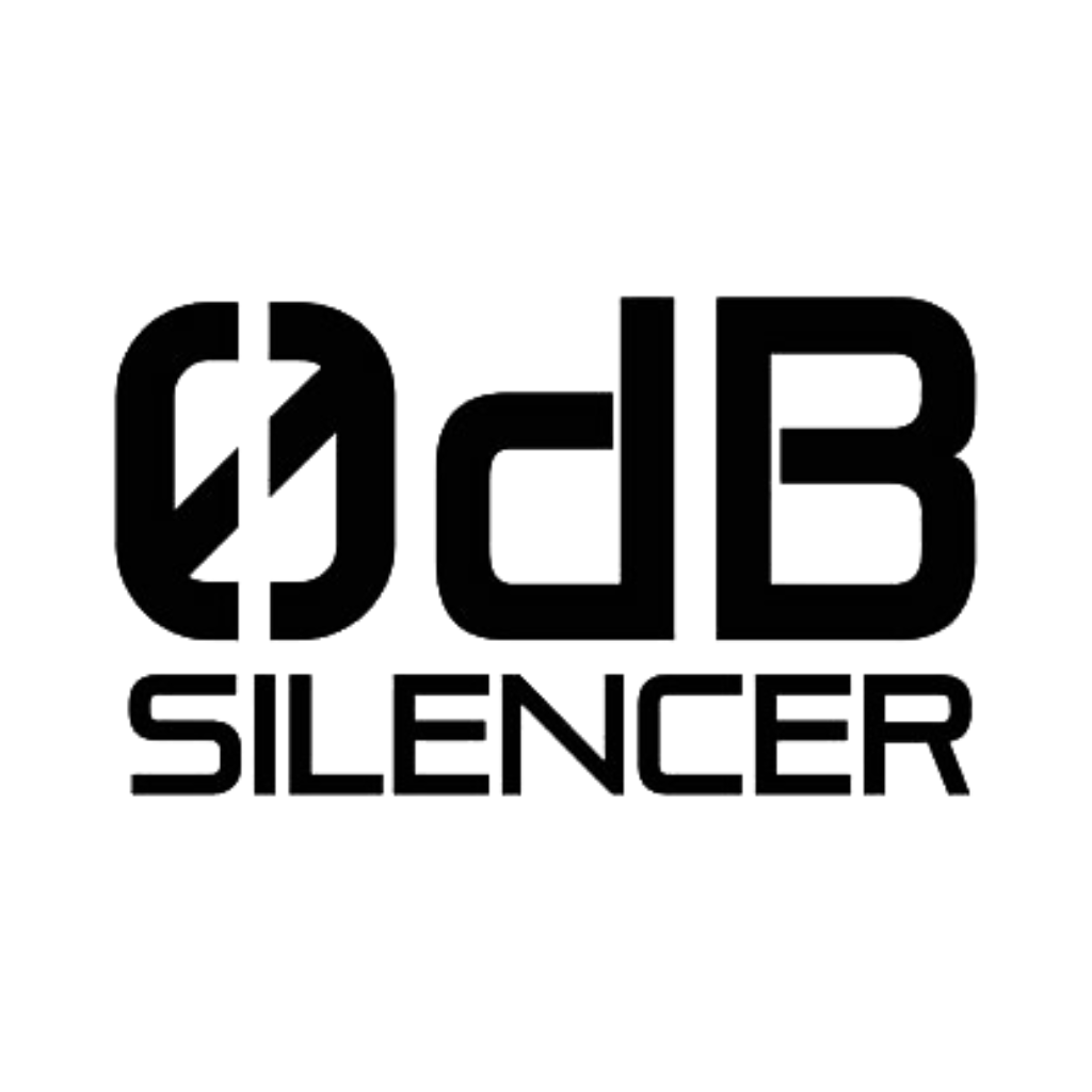 Black text logo reading "0 dB SILENCER" with the number zero stylized using a diagonal line, on a white background.