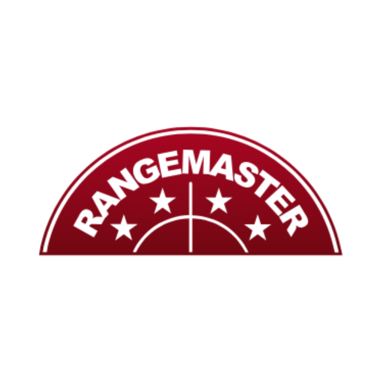 The Rangemaster logo features the word "RANGEMASTER" in white, curved over five stars and a crosshair on a red semicircular background.