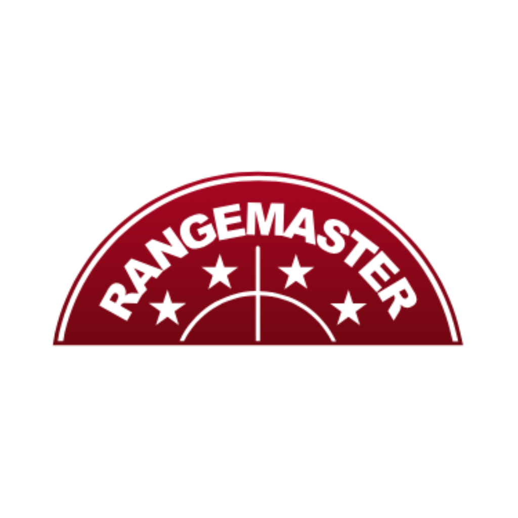 The Rangemaster logo features the word "RANGEMASTER" in white, curved over five stars and a crosshair on a red semicircular background.