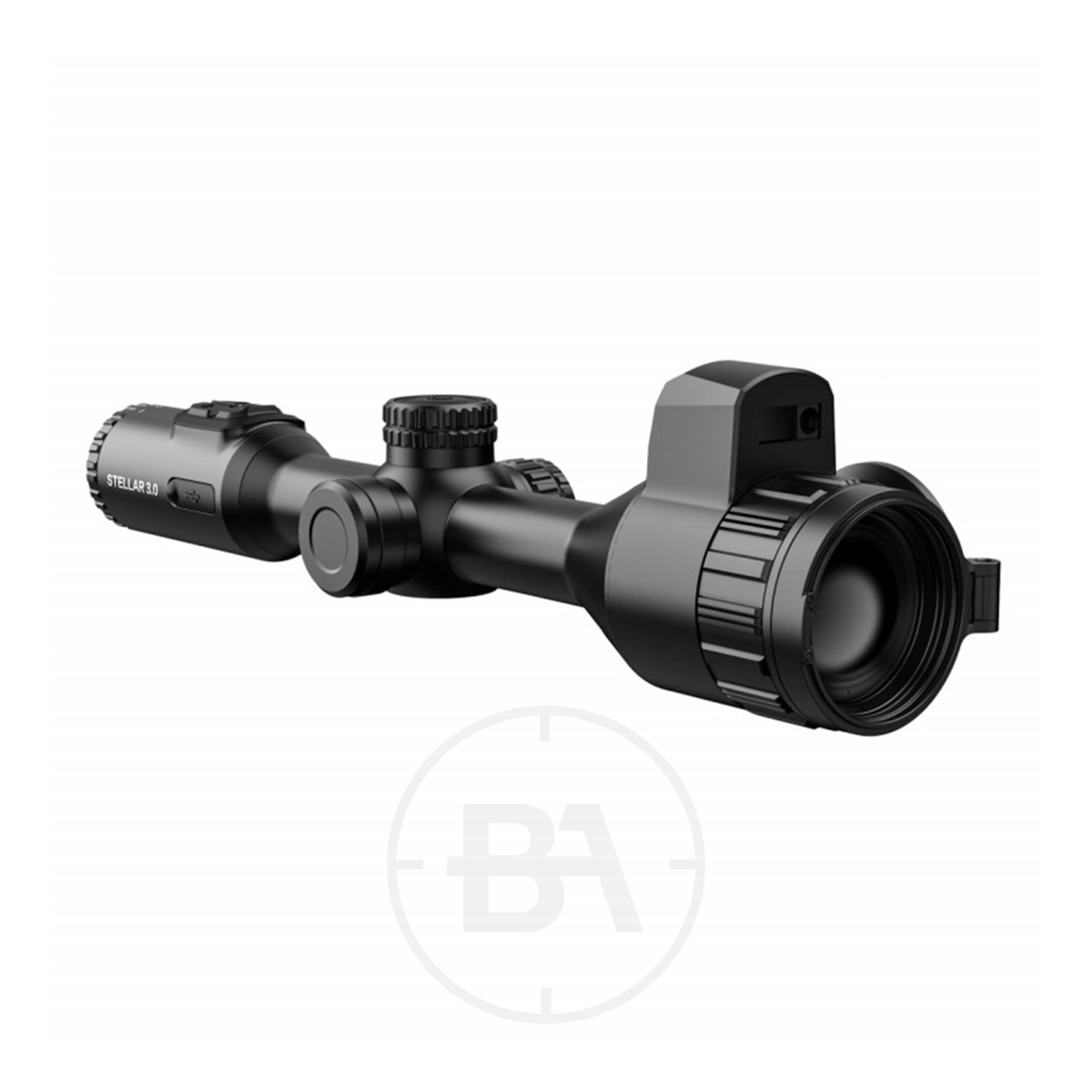HIKMICRO Stellar 3.0 SH50L Thermal Imaging LRF Rifle Scope 1 A HIKMICRO Stellar 3.0 SH50L Thermal Imaging LRF Rifle Scope in black with adjustment knobs and a large objective lens, displayed on a white background.