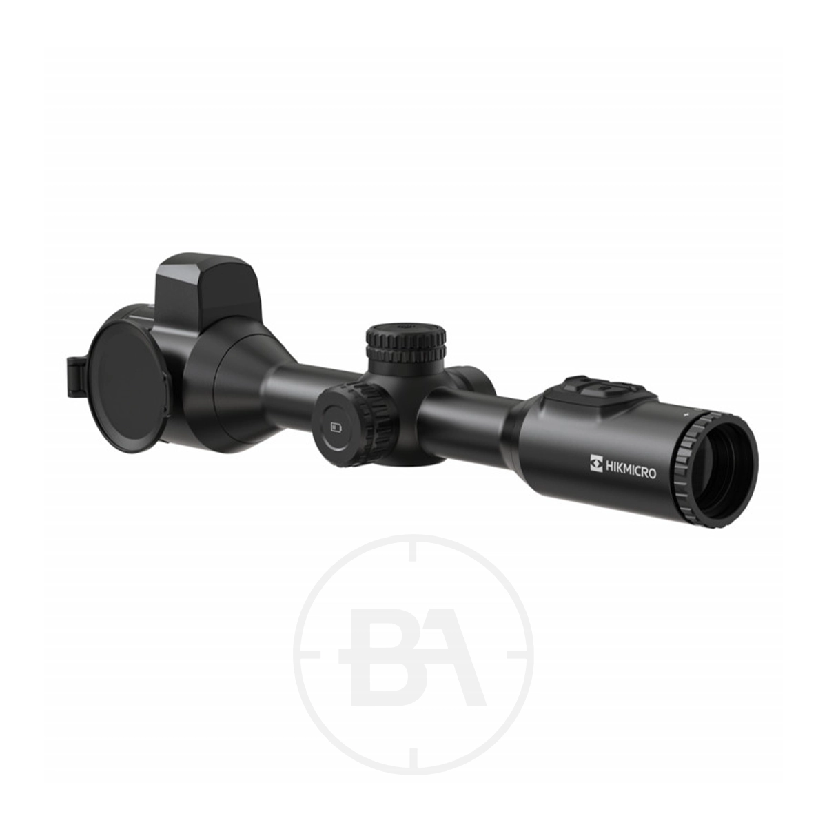 HIKMICRO Stellar 3.0 SH50L Thermal Imaging LRF Rifle Scope 5 The HIKMICRO Stellar 3.0 SH50L Thermal Imaging LRF Rifle Scope in black, with adjustment dials, a flip-up lens cover, and visible branding, showcases advanced thermal imaging against a plain white background.