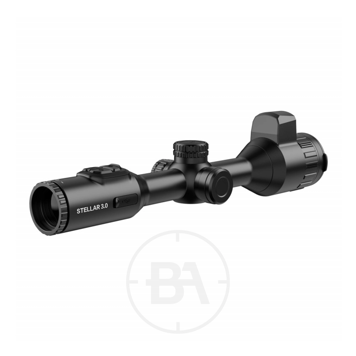 HIKMICRO Stellar 3.0 SH50L Thermal Imaging LRF Rifle Scope 7 The HIKMICRO Stellar 3.0 SH50L Thermal Imaging LRF Rifle Scope, in black with adjustment knobs and flip-up lens covers, is displayed against a white background and features advanced thermal imaging technology.