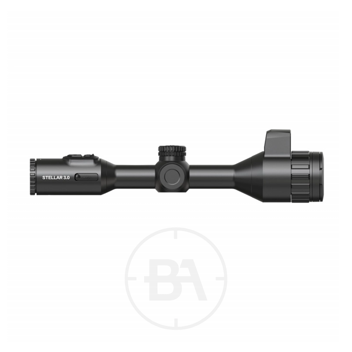 HIKMICRO Stellar 3.0 SH50L Thermal Imaging LRF Rifle Scope 9 A black HIKMICRO Stellar 3.0 SH50L Thermal Imaging LRF Rifle Scope featuring adjustable dials and a large objective lens, shown from the side against a white background.