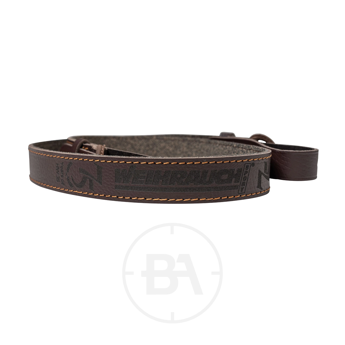 Weihrauch HW35 Spring Air Rifle 75th Anniversary Edition 3 A brown leather rifle sling with black "WEIHRAUCH" branding and orange stitching, designed to complement rifles such as the Weihrauch HW35 Spring Air Rifle 75th Anniversary Edition, displayed on a white background.