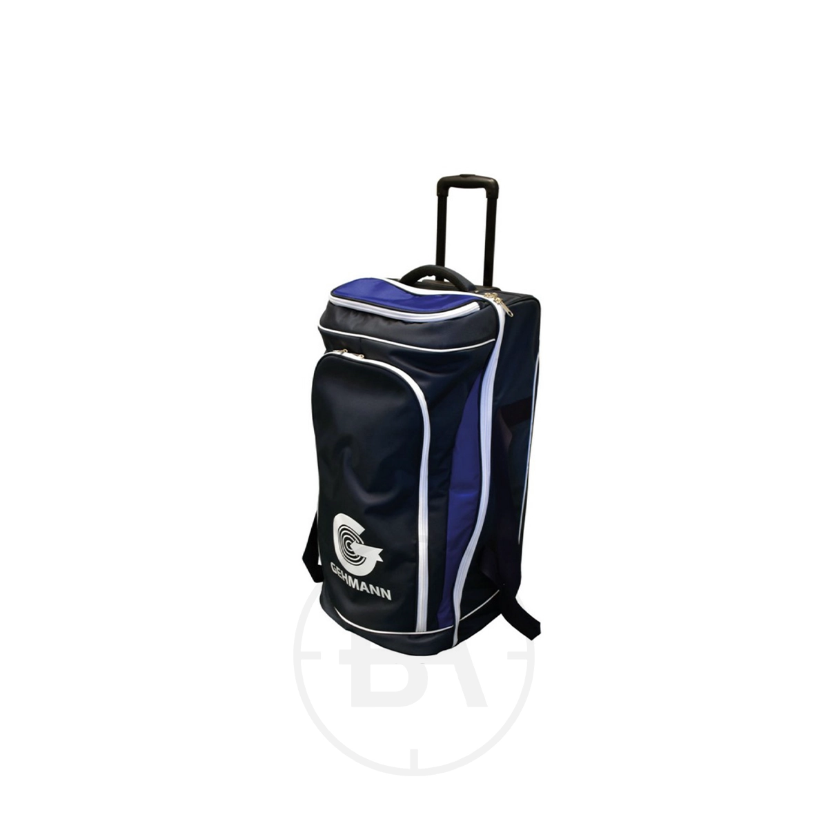 Gehmann Roller Wheel Carry Bag 1 The Gehmann Roller Wheel Carry Bag is a sleek black and blue cricket kit bag with a visible handle and roller wheels, ensuring effortless transport.